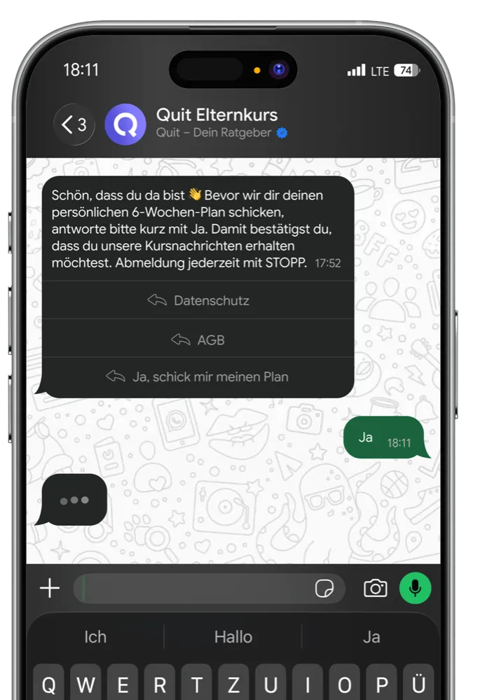 WhatsApp-Chat mit dem DADDEL-Elternkurs: Mit „Ja“ bestätigst du, dass du die Kursnachrichten erhalten möchtest.