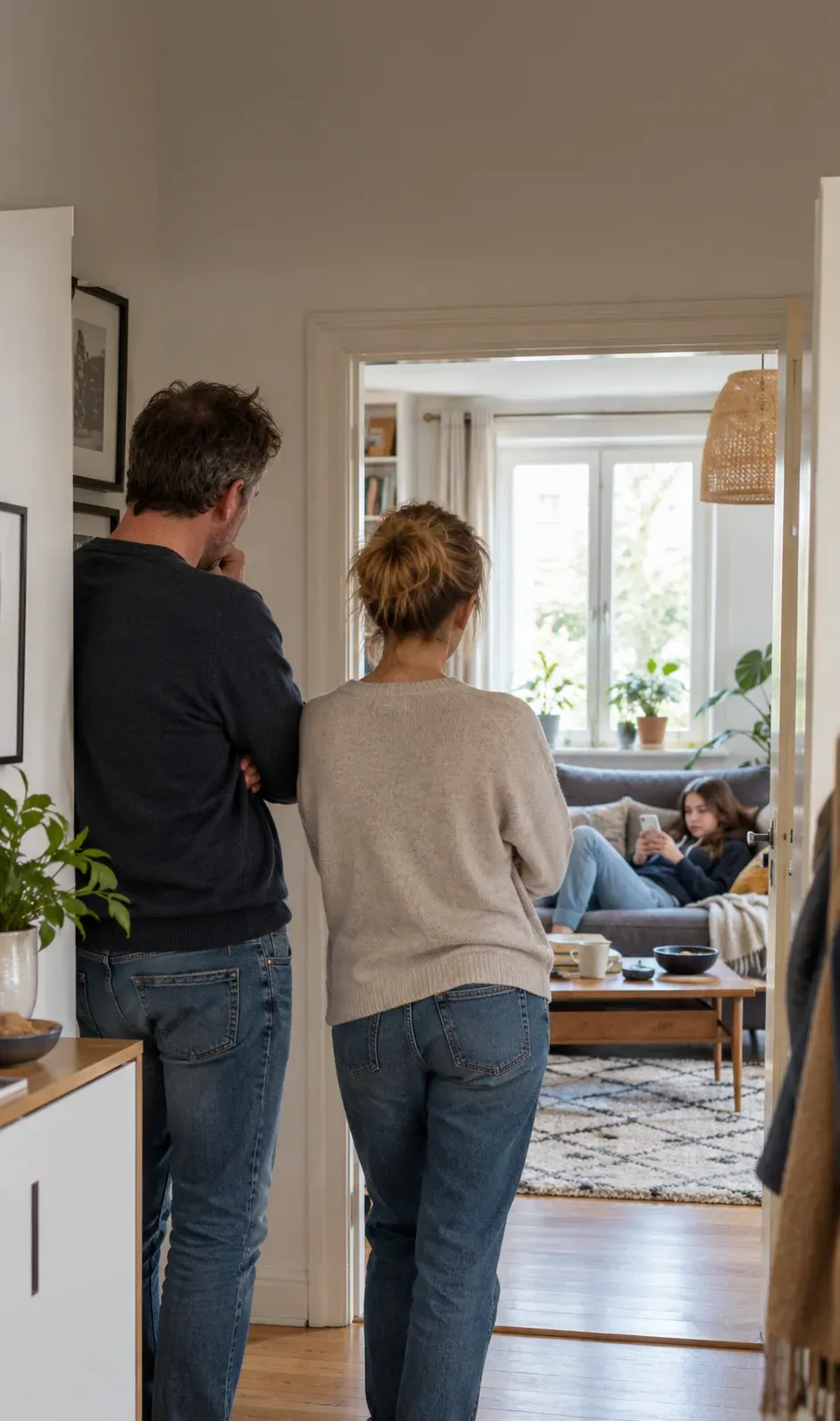 Eltern stehen im Flur und schauen ins Wohnzimmer, wo ihre Tochter auf dem Sofa am Smartphone ist